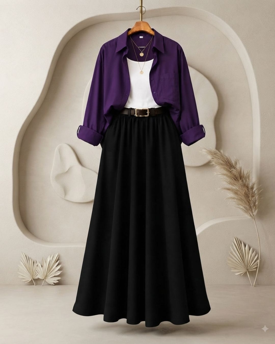 SUMMER TRIO PACK ( DARK PURPLE BUTTON DOWN SHIRT WITH WHITE INNER AND BLACK MAXI SKIRT )