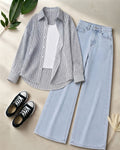 TRIO PACK (WHITE AND BLACK STRIPES BUTTON DOWN SHIRT WITH WHITE INNER AND ICE BLUE WIDE LEG JEANS)