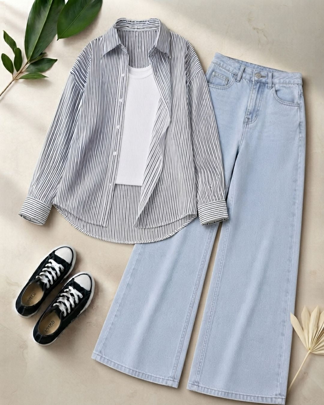TRIO PACK (WHITE AND BLACK STRIPES BUTTON DOWN SHIRT WITH WHITE INNER AND ICE BLUE WIDE LEG JEANS)
