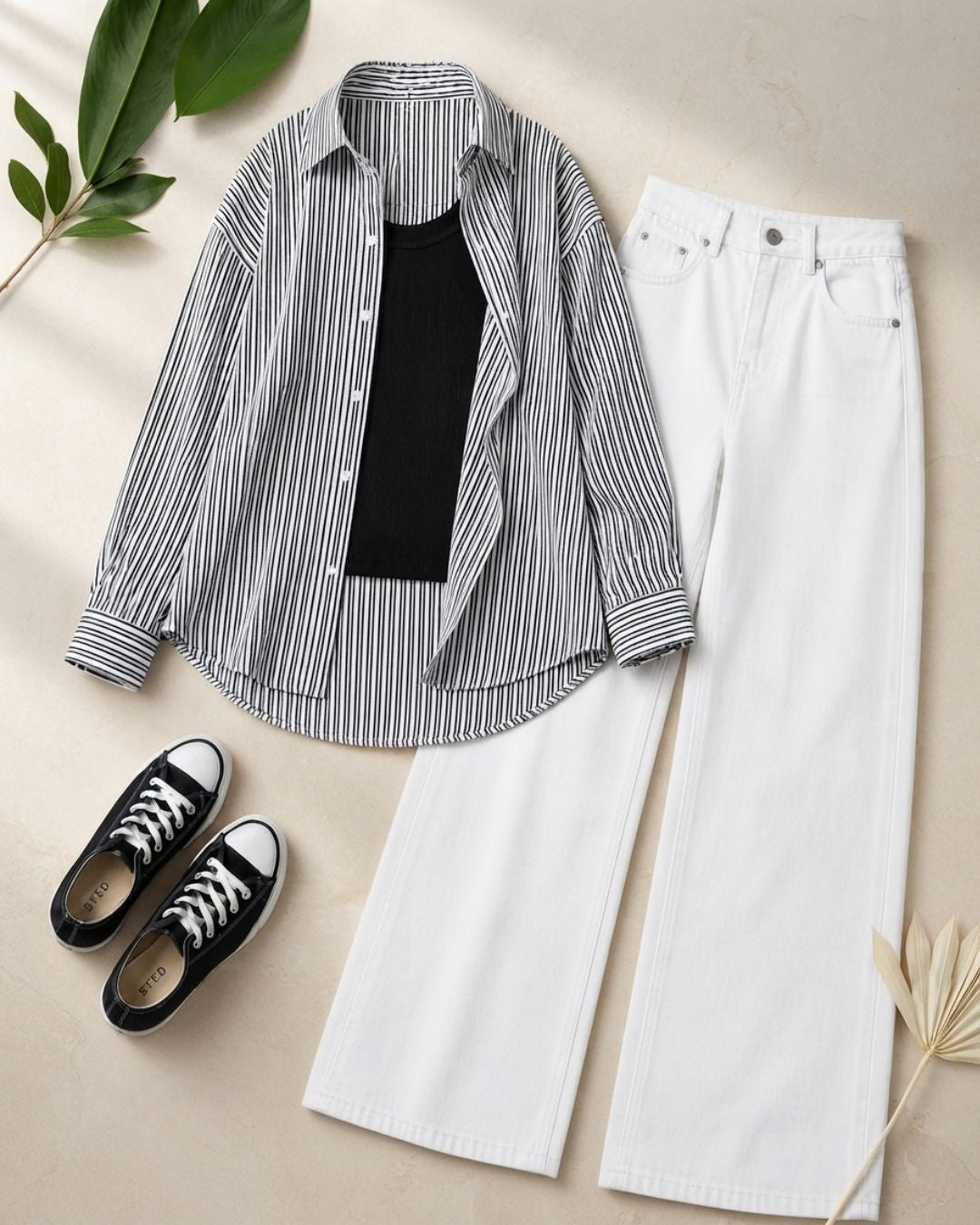 TRIO PACK (WHITE AND BLACK STRIPES BUTTON DOWN SHIRT WITH BLACK INNER AND WHITE WIDE LEG JEANS)