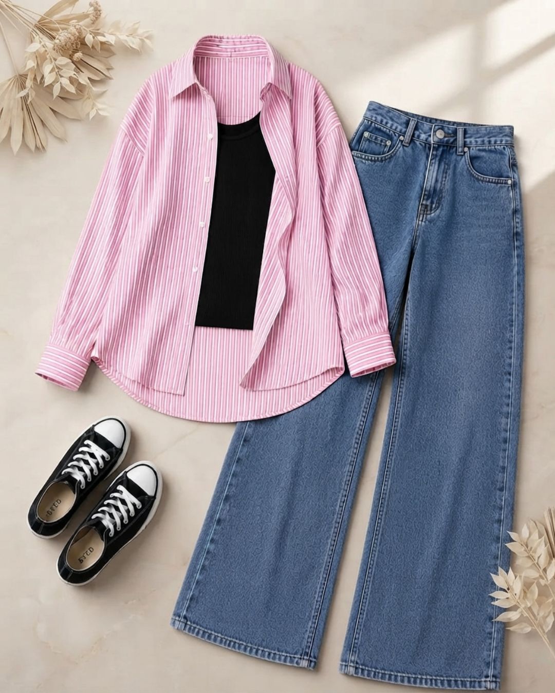 TRIO PACK (WHITE AND PINK STRIPES BUTTON DOWN SHIRT WITH BLACK INNER AND MID BLUE WIDE LEG JEANS)