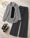 TRIO PACK (WHITE AND BLACK STRIPES BUTTON DOWN SHIRT WITH BLACK INNER AND MALAYSIAN BLACK WIDE LEG JEANS)