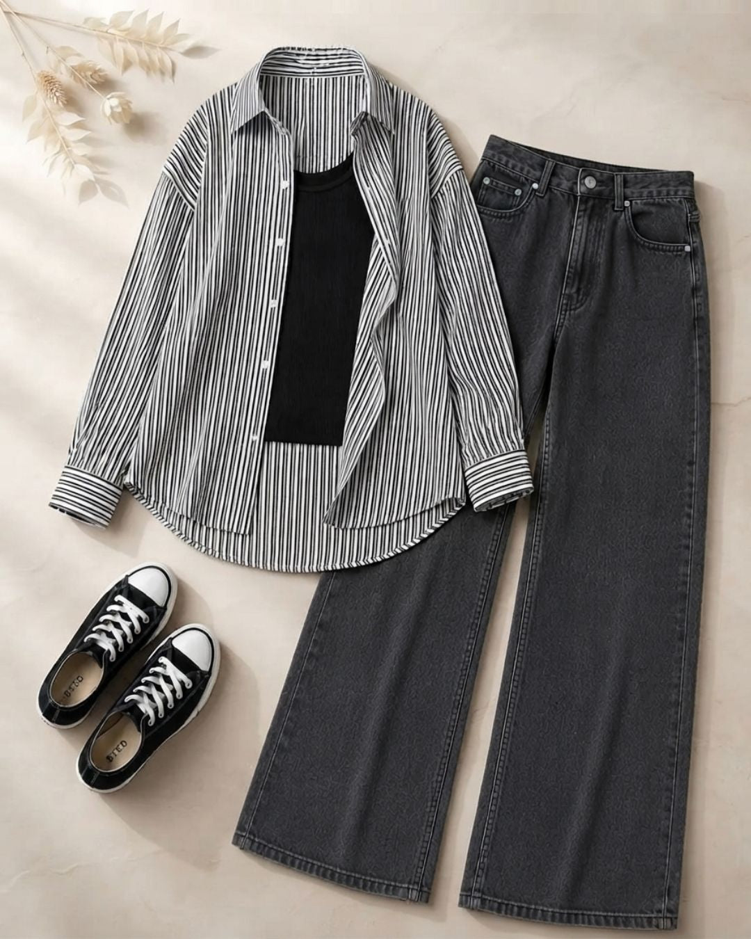 TRIO PACK (WHITE AND BLACK STRIPES BUTTON DOWN SHIRT WITH BLACK INNER AND MALAYSIAN BLACK WIDE LEG JEANS)