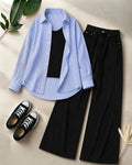 TRIO PACK (WHITE AND BLUE STRIPES BUTTON DOWN SHIRT WITH BLACK INNER AND BLACK WIDE LEG JEANS)