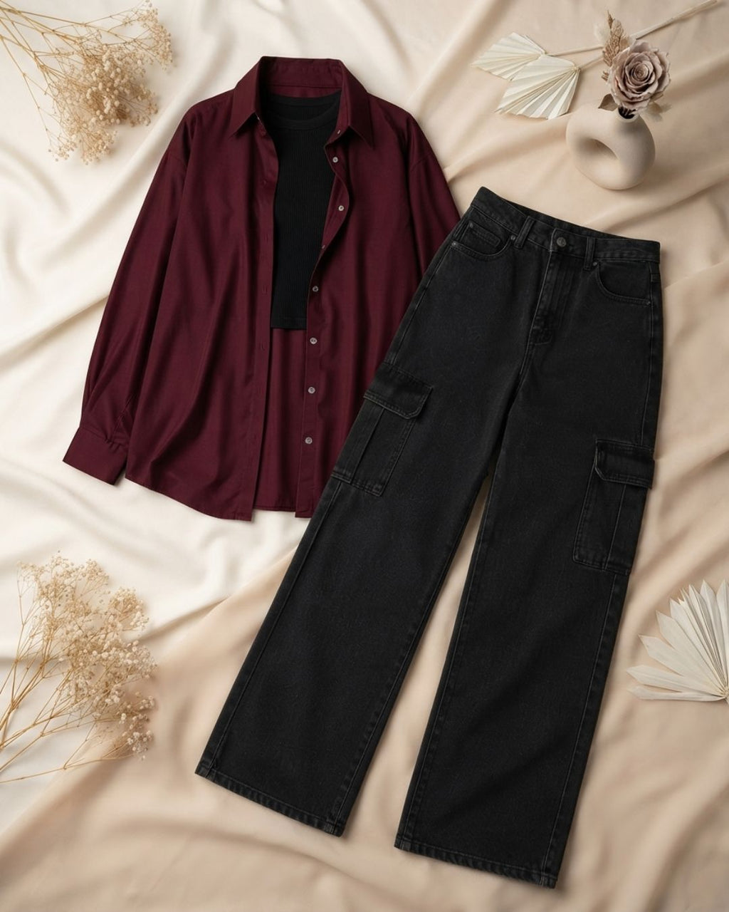 SUMMER TRIO PACK ( MAROON BUTTON DOWN SHIRT WITH BLACK INNER AND MALAYSIAN BLACK WIDE LEG CARGO DENIM)