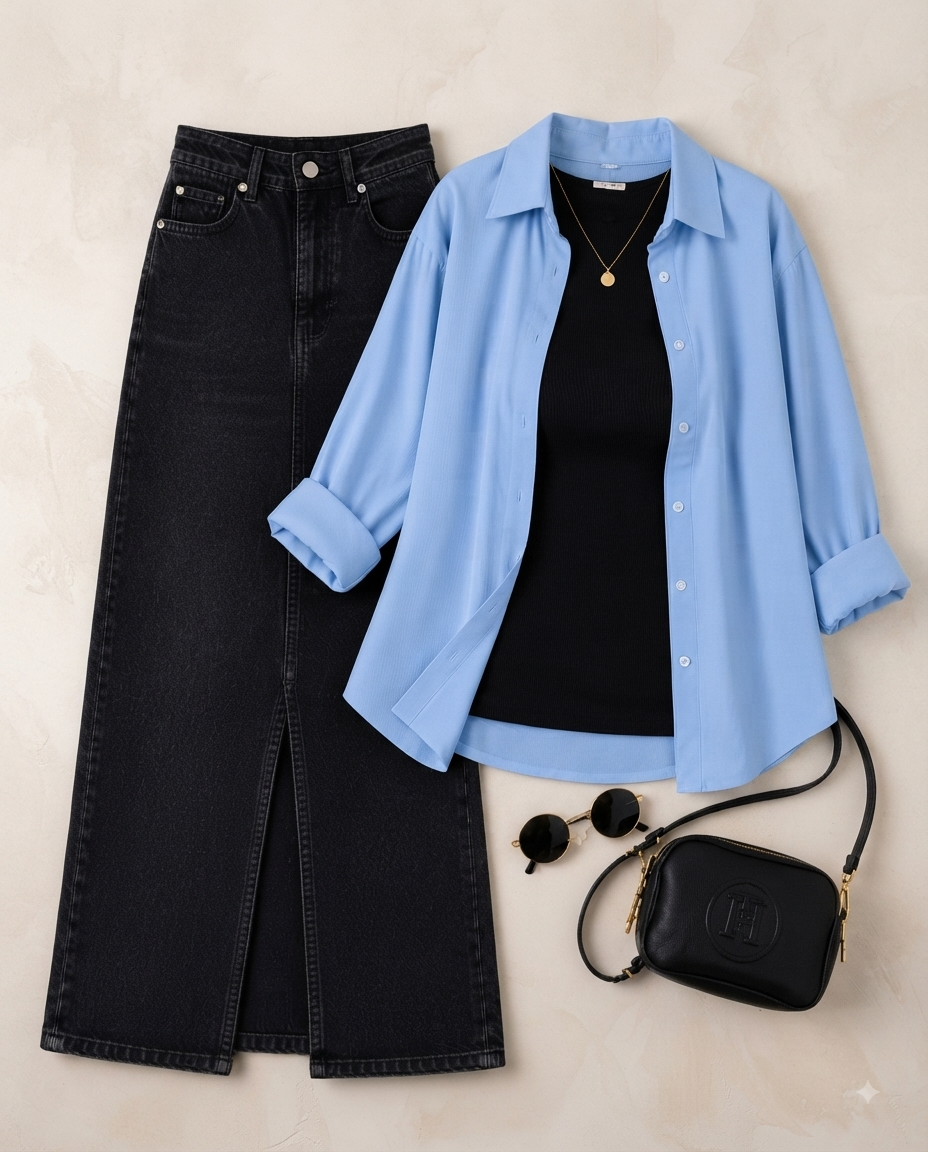 SUMMER TRIO PACK ( SKY BLUE BUTTON DOWN SHIRT WITH BLACK INNER AND BLACK DENIM SKIRT )