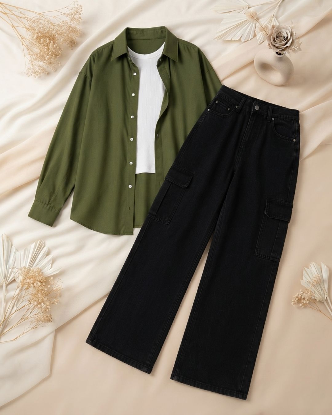 SUMMER TRIO PACK ( OLIVE GREEN BUTTON DOWN SHIRT WITH WHITE INNER AND JET BLACK CARGO DENIM)