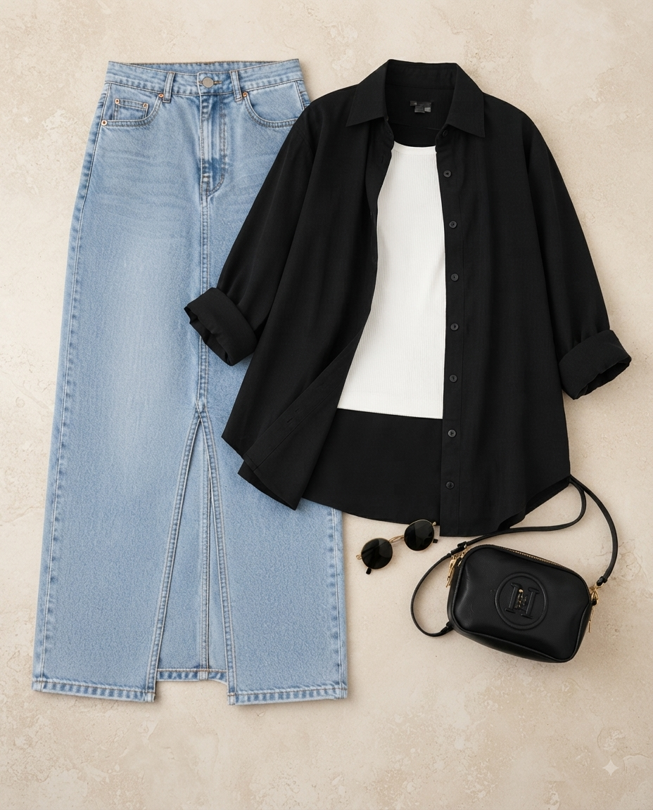 SUMMER TRIO PACK ( BLACK BUTTON DOWN SHIRT WITH WHITE INNER AND SKY BLUE DENIM SKIRT )