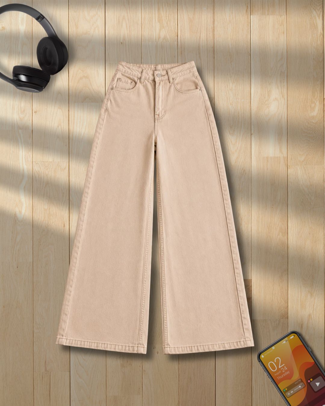 BEIGE WIDE LEG BAGGY JEANS