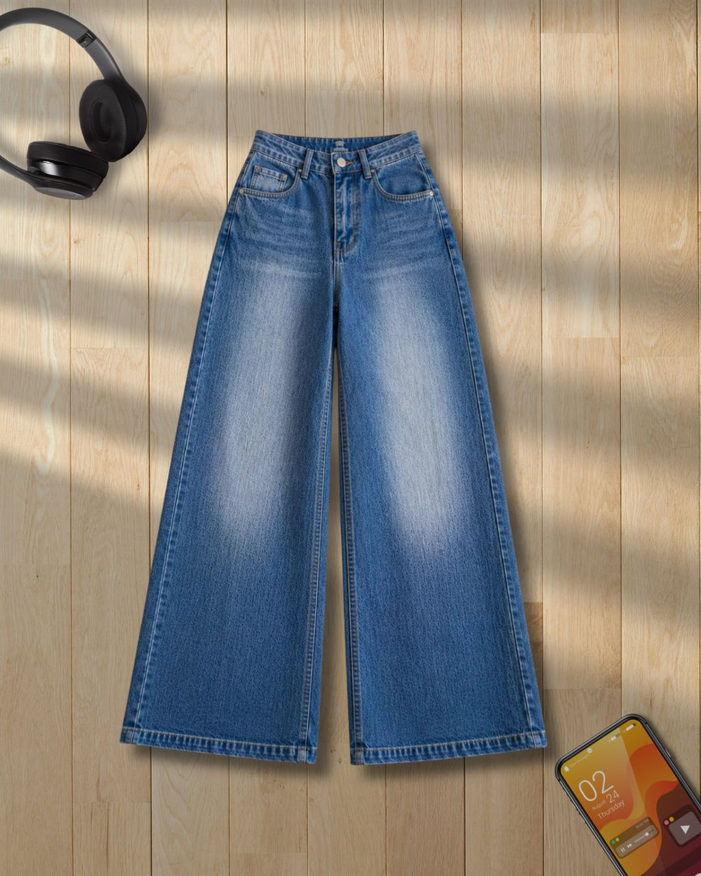 MID BLUE FADED WIDE LEG BAGGY JEANS