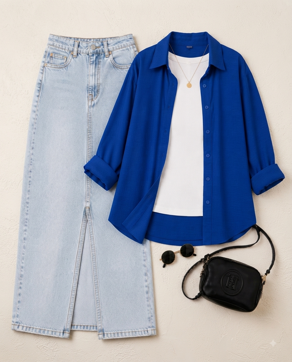SUMMER TRIO PACK ( ROYAL BLUE BUTTON DOWN SHIRT WITH WHITE INNER AND ICE BLUE DENIM SKIRT )