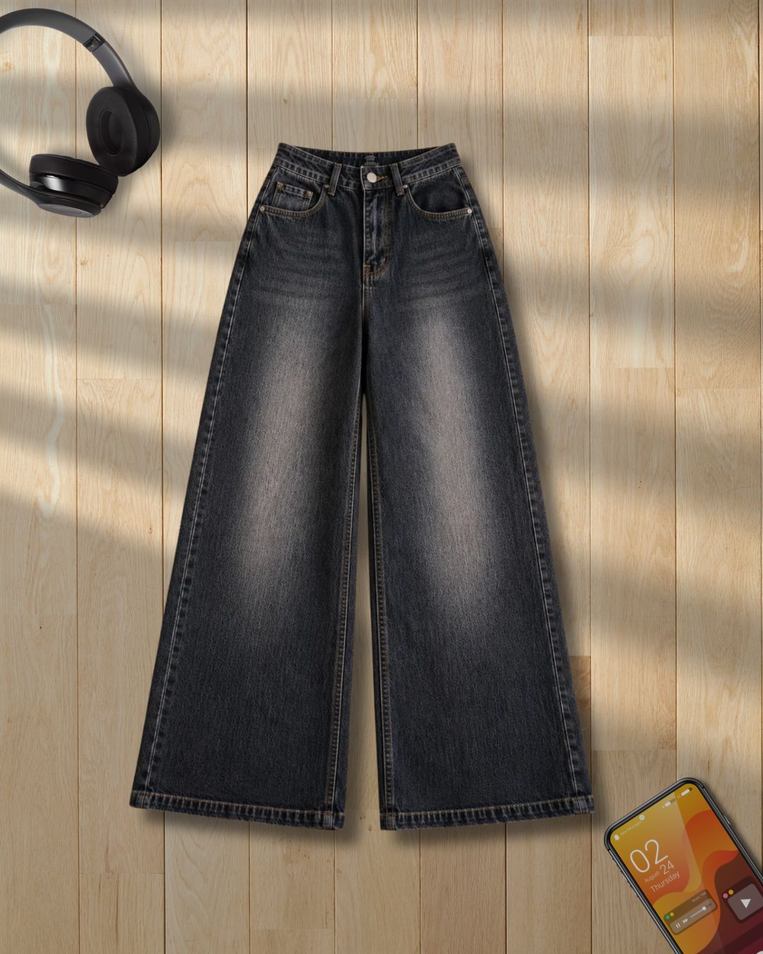MALAYSIAN BLACK FADED WIDE LEG BAGGY JEANS