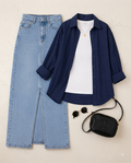 SUMMER TRIO PACK ( NAVY BLUE BUTTON DOWN SHIRT WITH WHITE INNER AND ICE BLUE DENIM SKIRT )