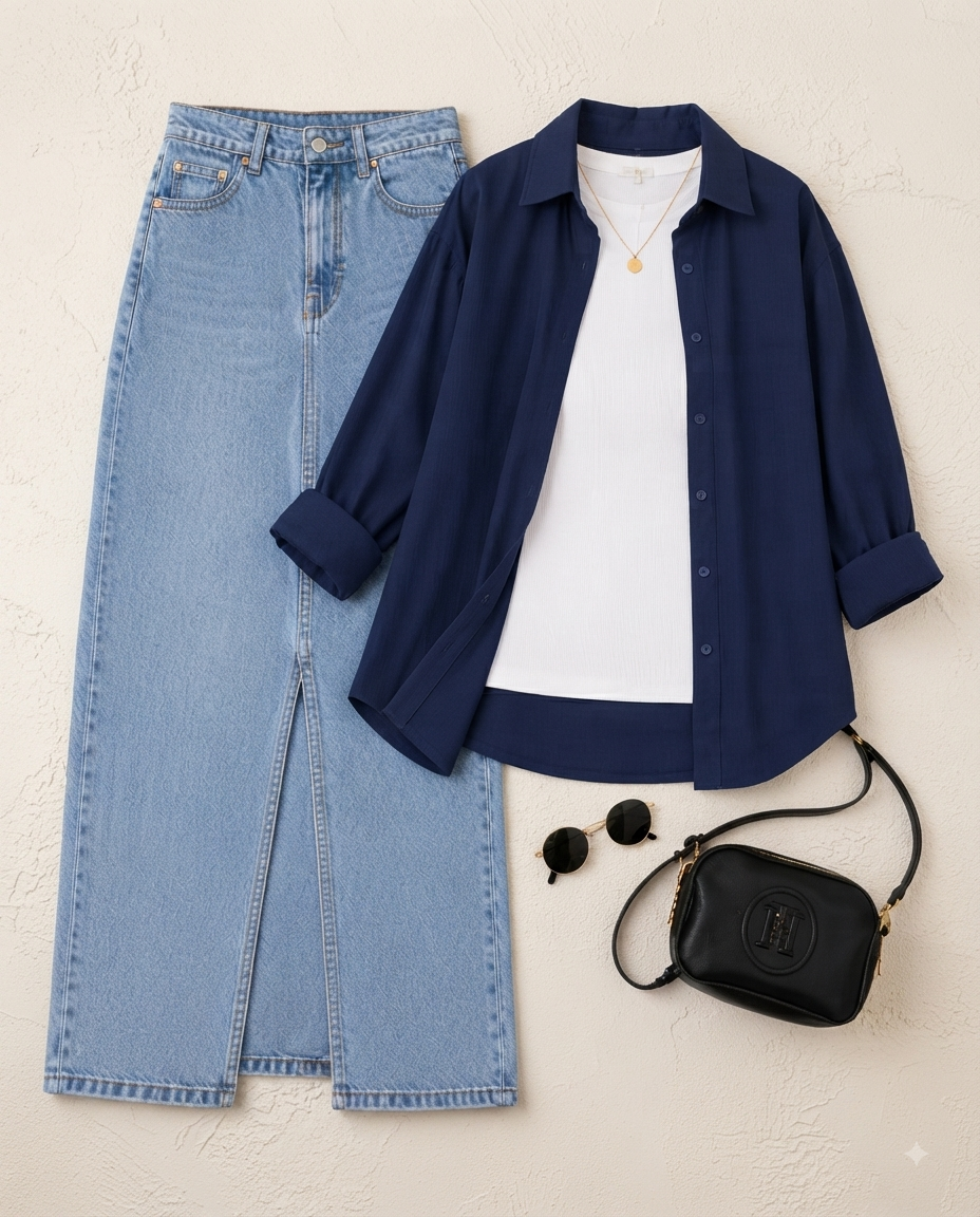 SUMMER TRIO PACK ( NAVY BLUE BUTTON DOWN SHIRT WITH WHITE INNER AND ICE BLUE DENIM SKIRT )