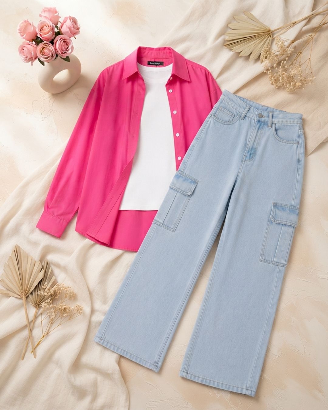 SUMMER TRIO PACK ( SHOCKING PINK BUTTON DOWN SHIRT WITH WHITE INNER AND ICE BLUE CARGO DENIM)