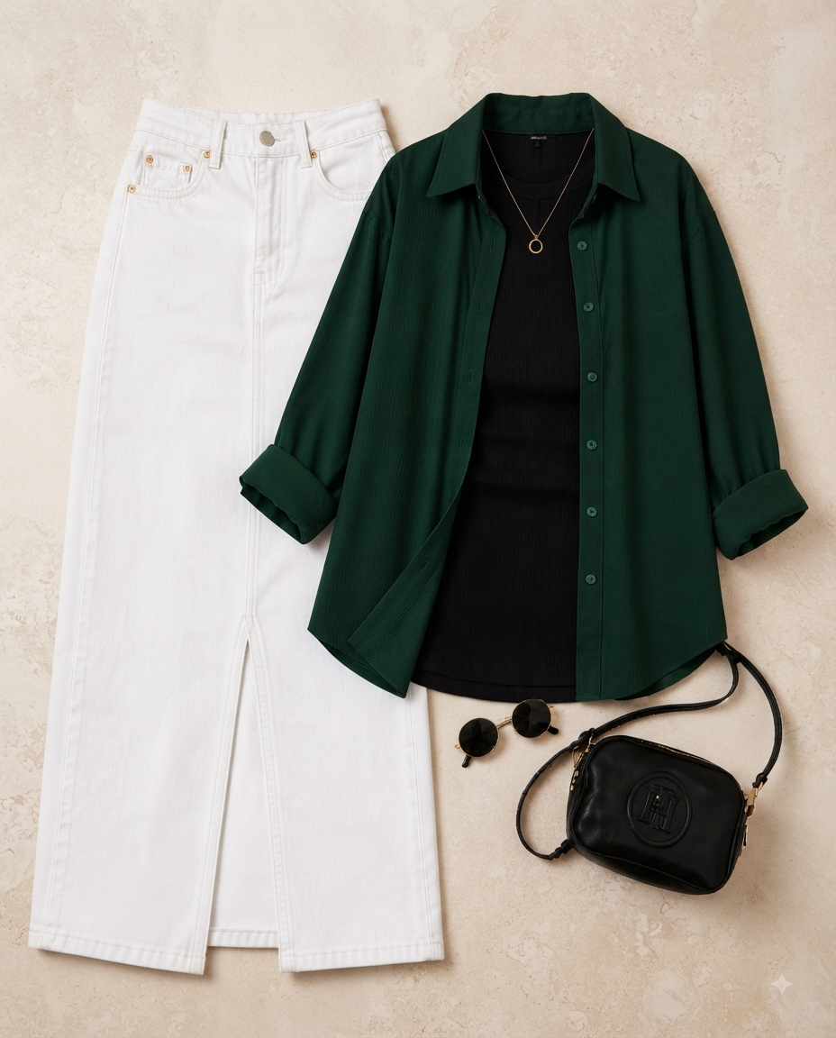 SUMMER TRIO PACK ( BOTTLE GREEN BUTTON DOWN SHIRT WITH BLACK INNER AND WHITE DENIM SKIRT)