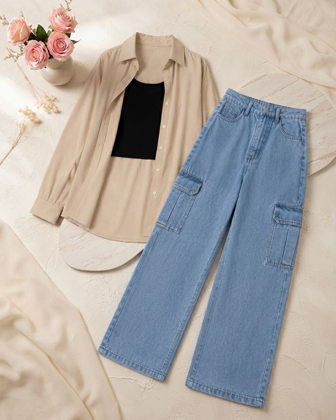 SUMMER TRIO PACK ( BEIGE BUTTON DOWN SHIRT WITH BLACK INNER AND LIGHT BLUE WIDE LEG CARGO DENIM)