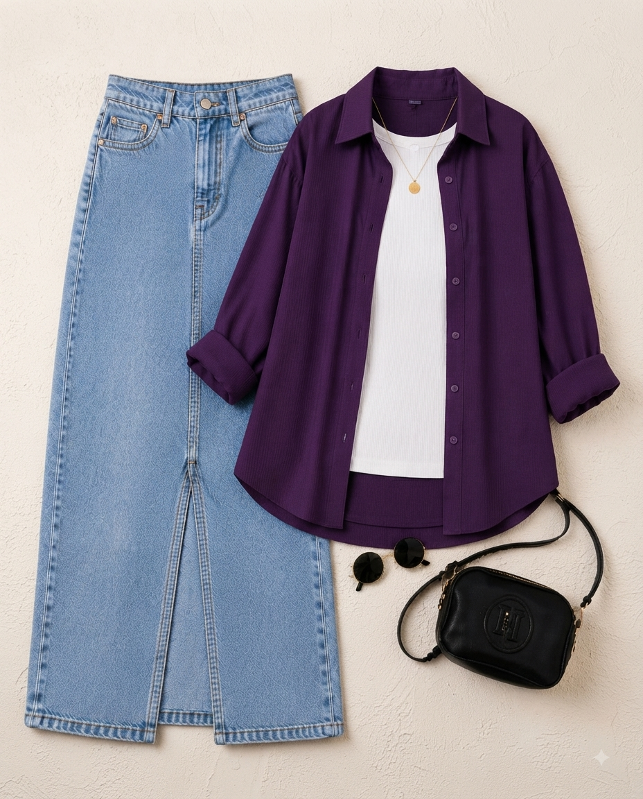 SUMMER TRIO PACK ( DARK PURPLE BUTTON DOWN SHIRT WITH WHITE INNER AND SKY BLUE DENIM SKIRT)