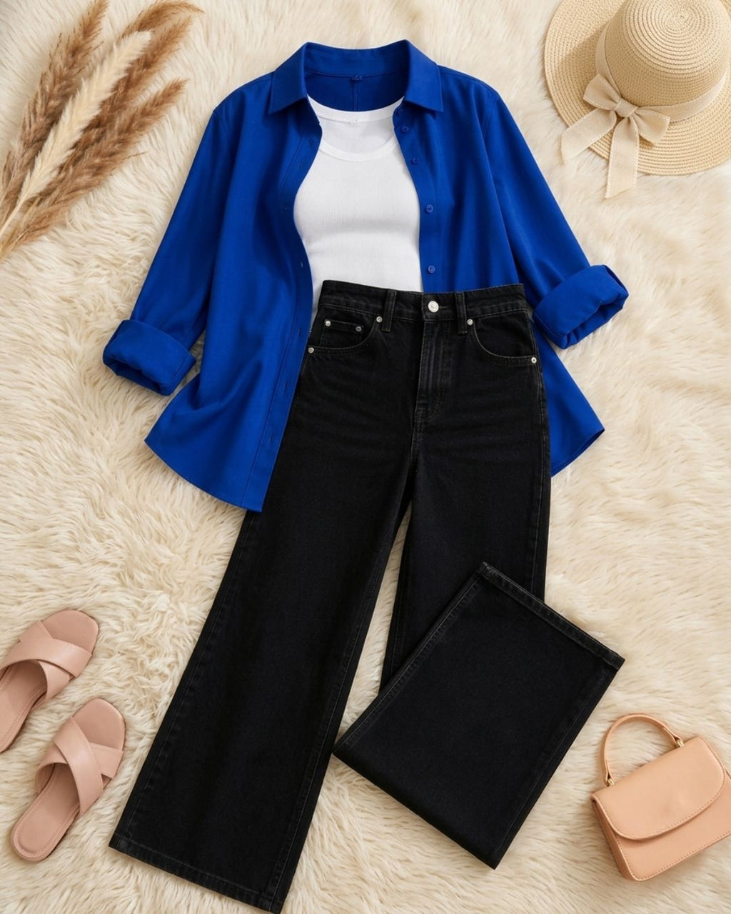 (TRIO PACK) ROYAL BLUE BUTTON DOWN SHIRT WITH WHITE INNER AND JET BLACK WIDE LEG JEANS