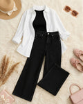 (TRIO PACK) WHITE BUTTON DOWN SHIRT WITH BLACK INNER AND JET BLACK WIDE LEG JEANS