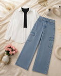 SUMMER TRIO PACK ( WHITE BUTTON DOWN SHIRT WITH BLACK INNER AND MID BLUE CARGO DENIM)