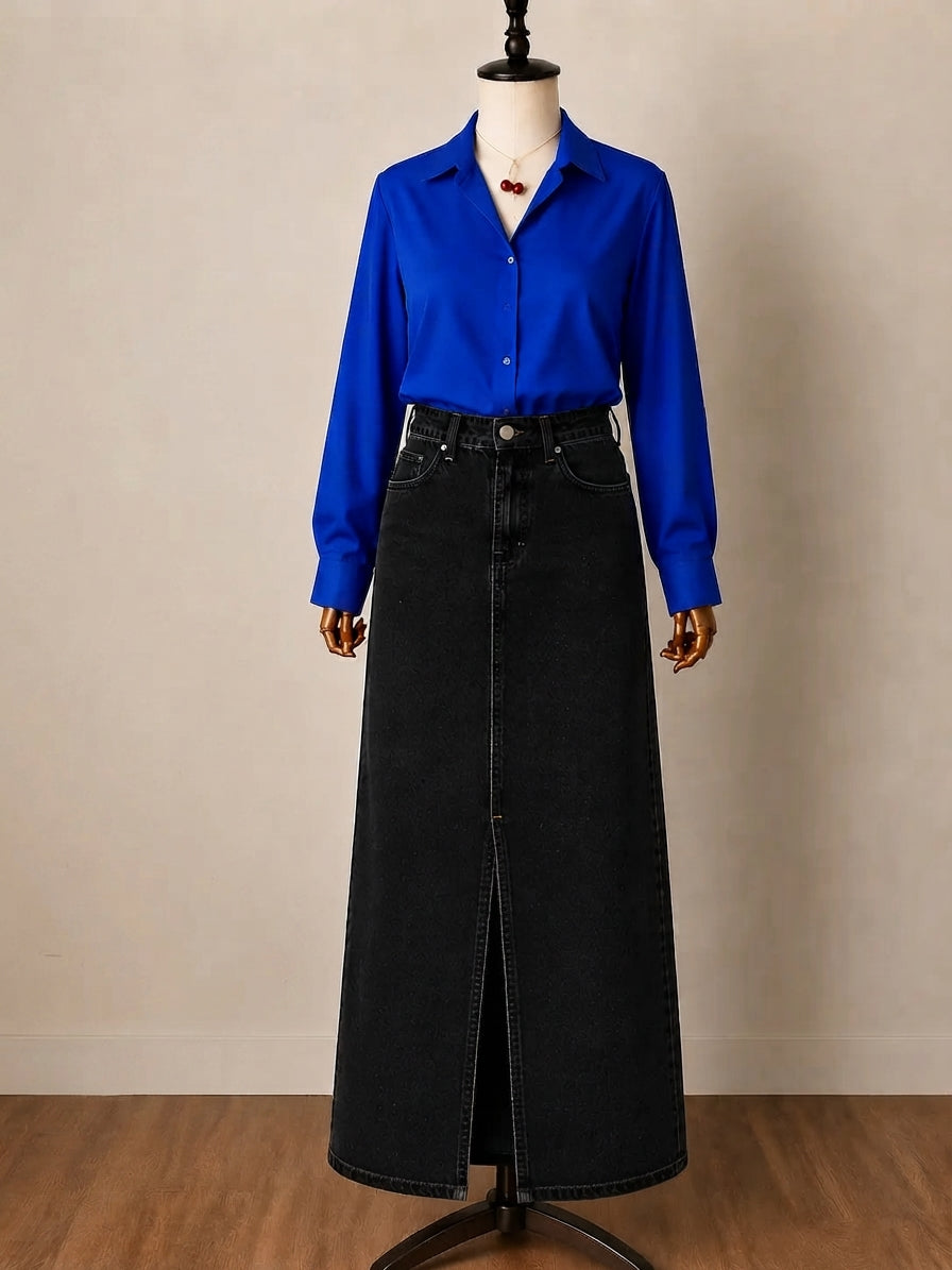 DUO PACK ( ROYAL BLUE BUTTON DOWN SHIRT WITH BLACK DENIM SKIRT )