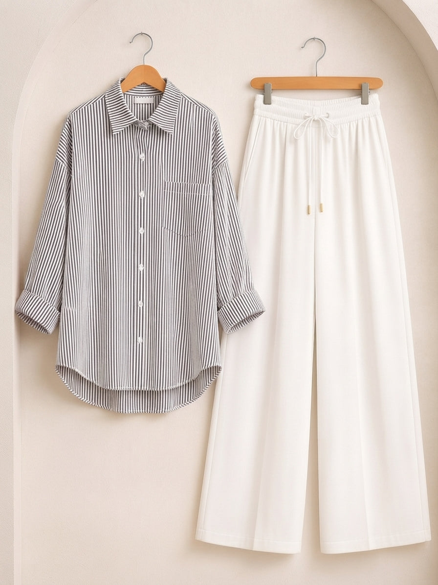 DUO PACK ( WHITE AND BLACK STRIPES BUTTON DOWN SHIRT WITH WHITE FLAPPER TROUSER )