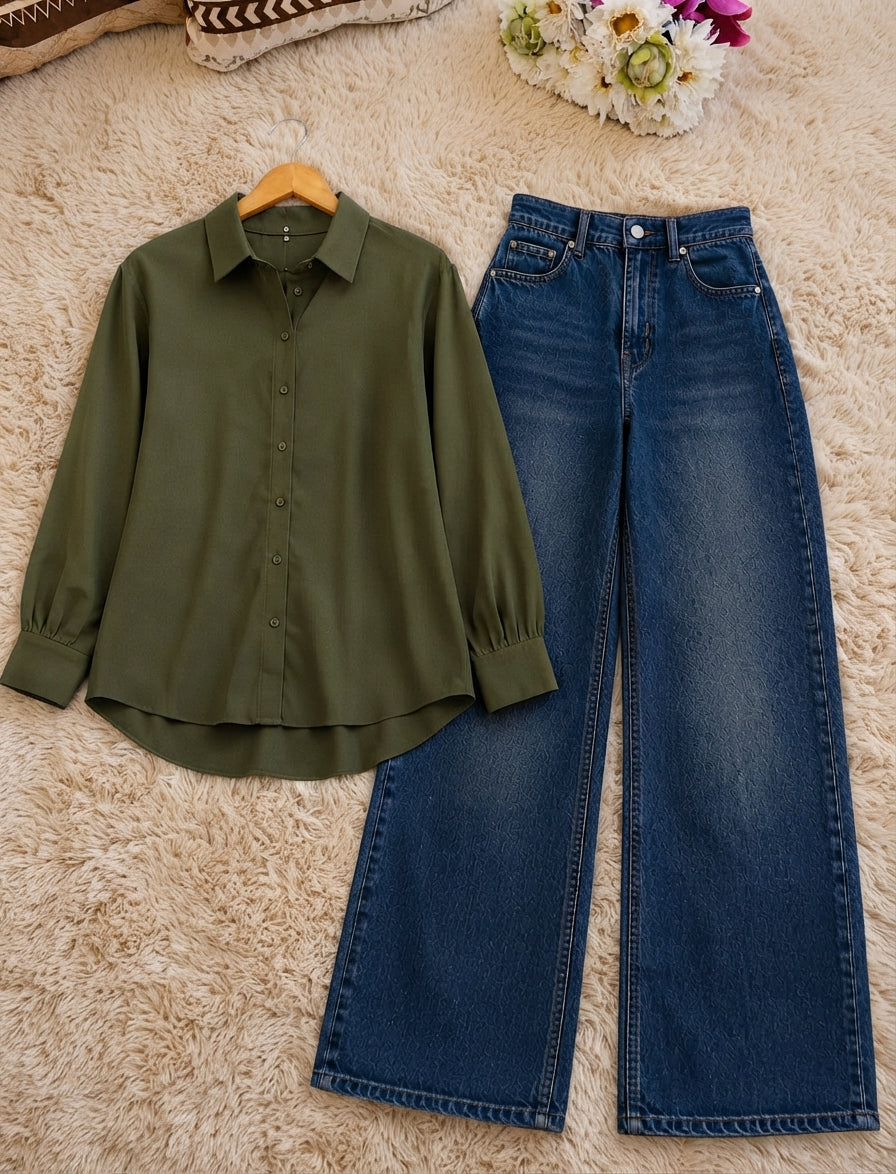 DUO PACK (OLIVE GREEN BUTTON DOWN SHIRT WITH DARK MID BLUE FADED WIDE LEG JEANS.