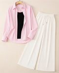 TRIO PACK ( WHITE AND PINK STRIPES BUTTON DOWN SHIRT WITH BLACK INNER AND WHITE FLAPPER TROUSER)