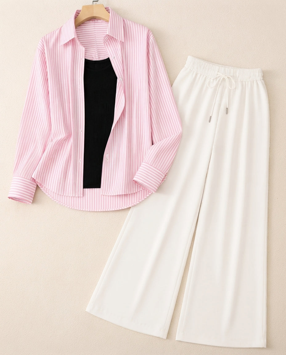 TRIO PACK ( WHITE AND PINK STRIPES BUTTON DOWN SHIRT WITH BLACK INNER AND WHITE FLAPPER TROUSER)