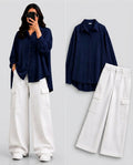 DUO PACK ( NAVY BLUE BUTTON DOWN SHIRT WITH WHITE WIDE LEG CARGO DENIM )