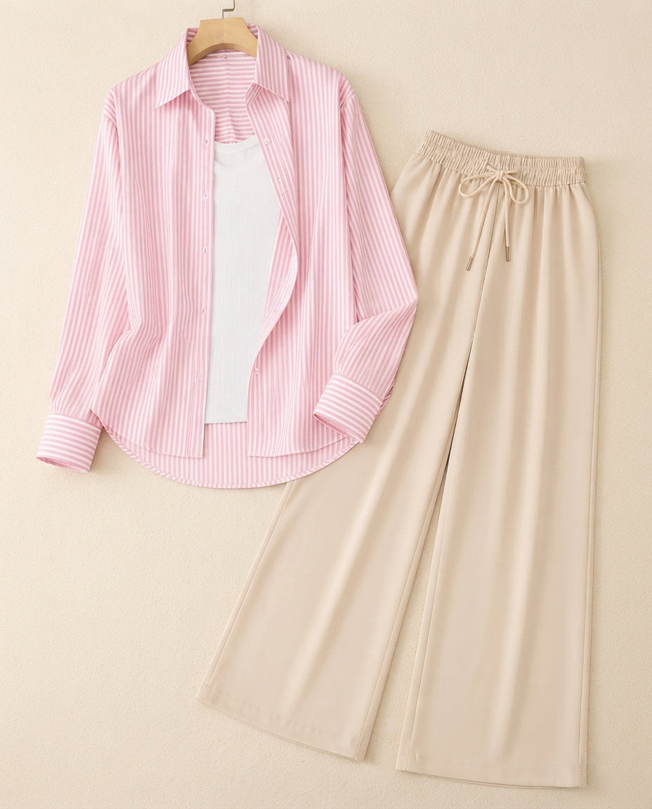 TRIO PACK ( WHITE AND PINK STRIPES BUTTON DOWN SHIRT WITH WHITE INNER AND BEIGE FLAPPER TROUSER)