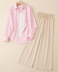 TRIO PACK ( WHITE AND PINK STRIPES BUTTON DOWN SHIRT WITH WHITE INNER AND BEIGE FLAPPER TROUSER)