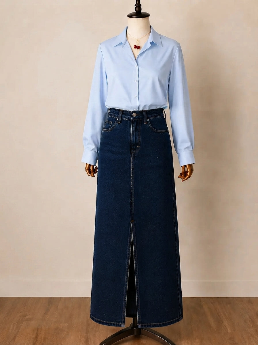 DUO PACK ( SKY BLUE BUTTON DOWN SHIRT WITH DARK BLUE DENIM SKIRT )