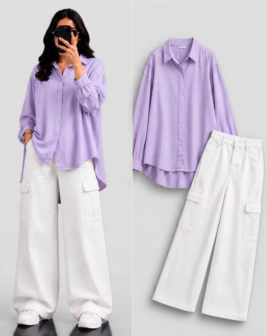 DUO PACK ( LILAC BUTTON DOWN SHIRT WITH WHITE WIDE LEG CARGO DENIM )