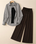 TRIO PACK ( WHITE AND BLACK STRIPES BUTTON DOWN SHIRT WITH BLACK INNER AND DARK BROWN FLAPPER TROUSER )
