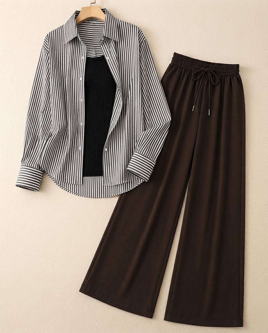 TRIO PACK ( WHITE AND BLACK STRIPES BUTTON DOWN SHIRT WITH BLACK INNER AND DARK BROWN FLAPPER TROUSER )