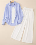 TRIO PACK ( WHITE AND BLUE STRIPES BUTTON DOWN SHIRT WITH WHITE INNER AND WHITE FLAPPER TROUSER)
