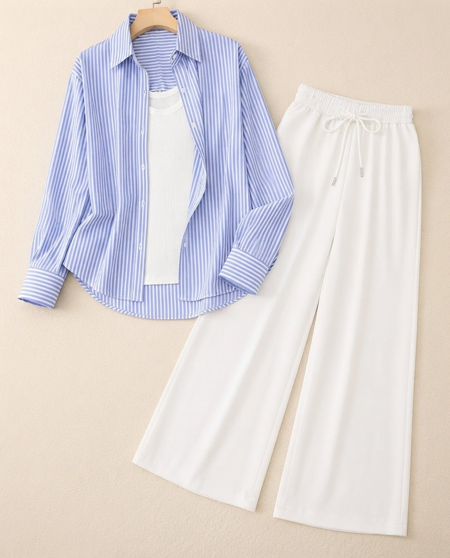 TRIO PACK ( WHITE AND BLUE STRIPES BUTTON DOWN SHIRT WITH WHITE INNER AND WHITE FLAPPER TROUSER)