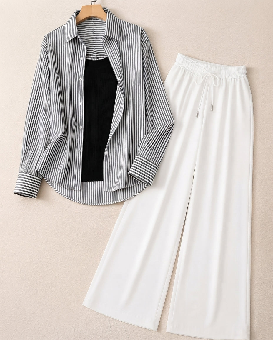 TRIO PACK ( WHITE AND BLACK STRIPES BUTTON DOWN SHIRT WITH BLACK INNER AND WHITE FLAPPER TROUSER)