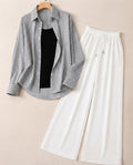 TRIO PACK ( WHITE AND BLACK STRIPES BUTTON DOWN SHIRT WITH BLACK INNER AND WHITE FLAPPER TROUSER)