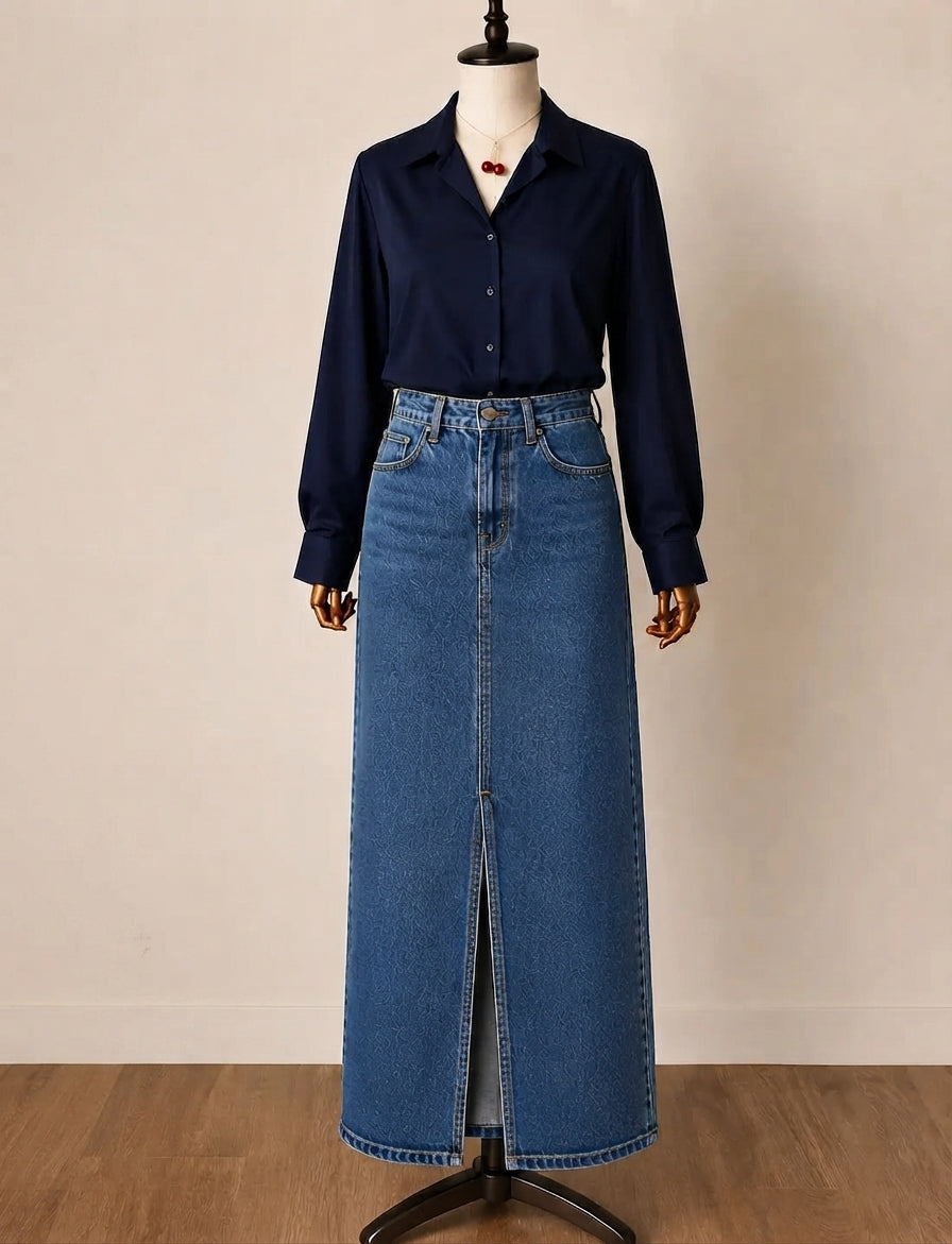 DUO PACK ( NAVY BLUE BUTTON DOWN SHIRT WITH MID BLUE DENIM SKIRT )