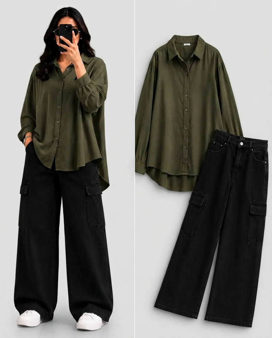 DUO PACK ( OLIVE GREEN BUTTON DOWN SHIRT WITH BLACK WIDE LEG CARGO DENIM )