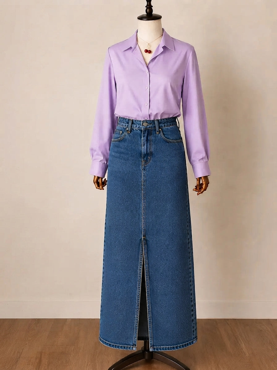 DUO PACK ( LILAC BUTTON DOWN SHIRT WITH MID BLUE DENIM SKIRT )