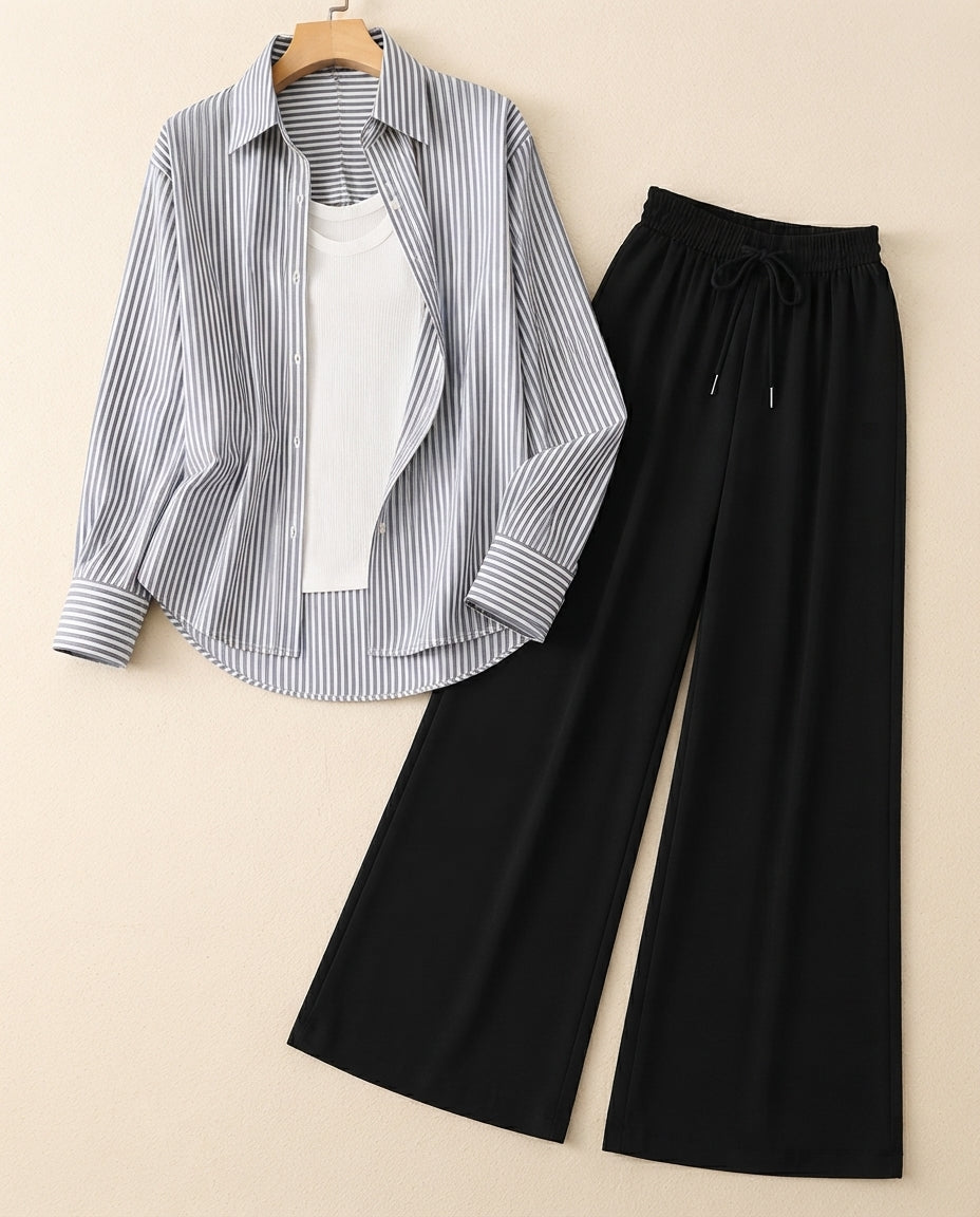 TRIO PACK ( WHITE AND BLACK STRIPES BUTTON DOWN SHIRT WITH WHITE INNER AND BLACK FLAPPER TROUSER)