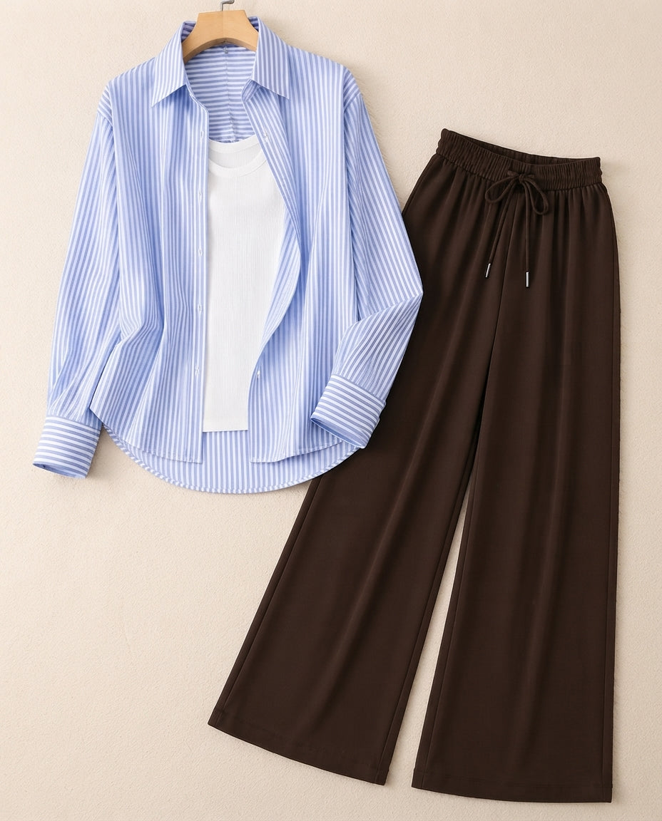 TRIO PACK ( WHITE AND BLUE STRIPES BUTTON DOWN SHIRT WITH WHITE INNER AND DARK BROWN FLAPPER TROUSER )
