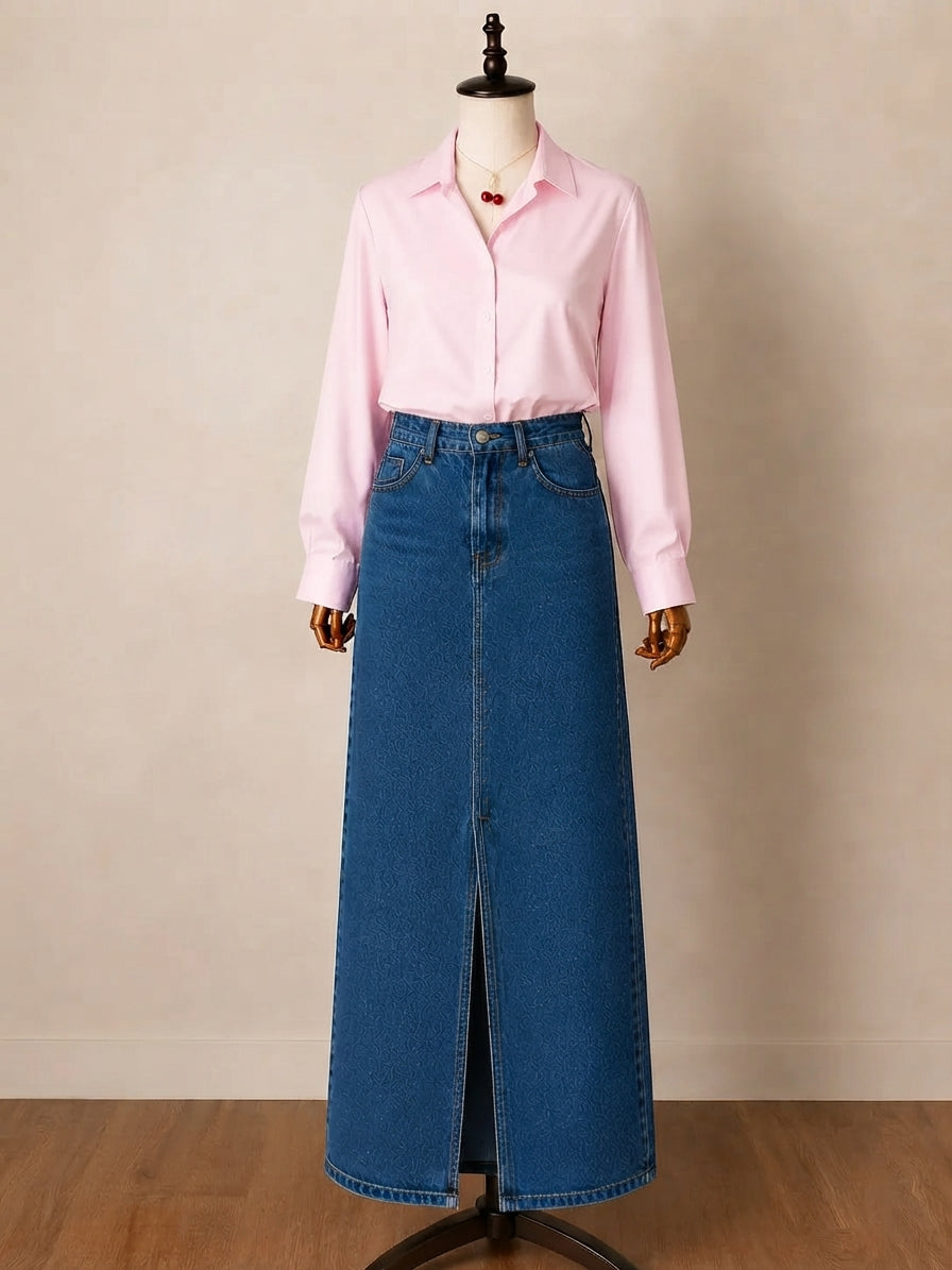 DUO PACK ( BABY PINK BUTTON DOWN SHIRT WITH MID BLUE DENIM SKIRT )