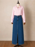 DUO PACK ( BABY PINK BUTTON DOWN SHIRT WITH MID BLUE DENIM SKIRT )