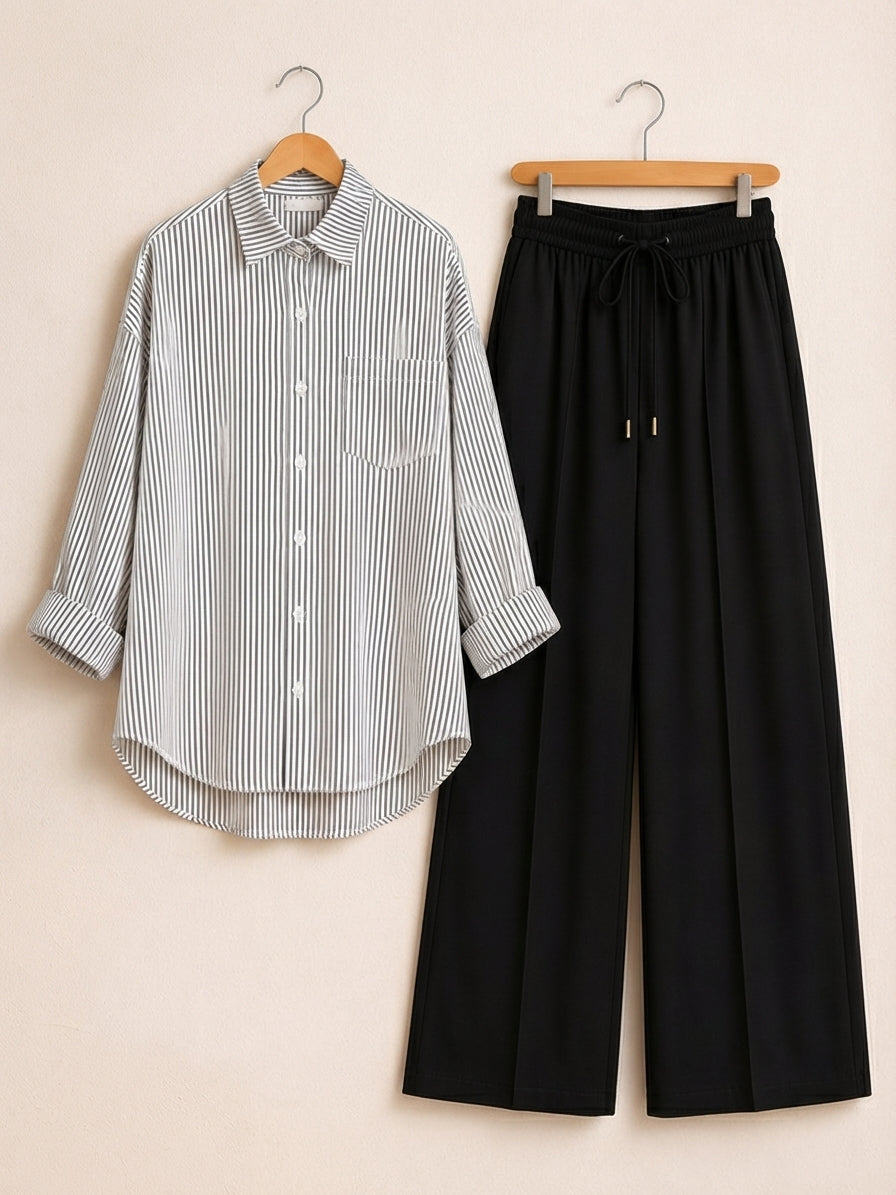 DUO PACK ( WHITE AND BLACK STRIPES BUTTON DOWN SHIRT WITH BLACK FLAPPER TROUSER )