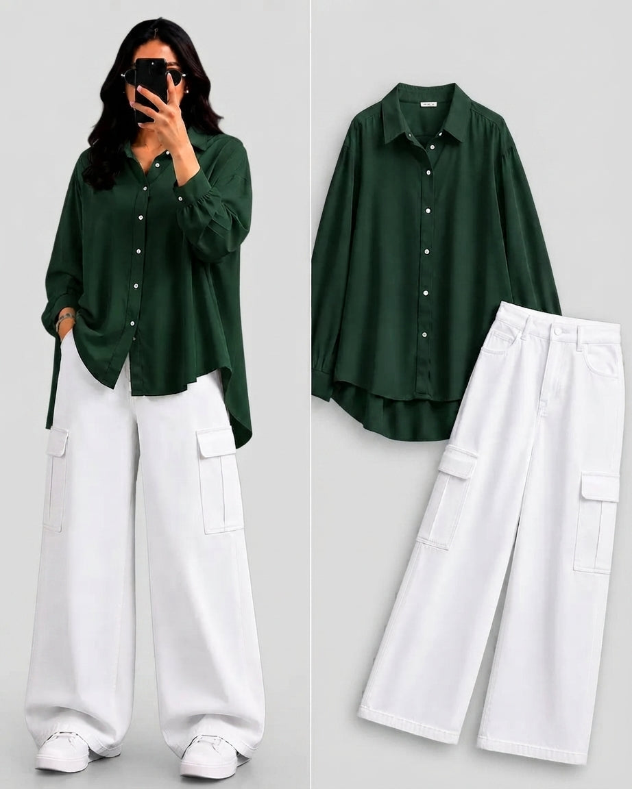 DUO PACK ( BOTTLE GREEN BUTTON DOWN SHIRT WITH WHITE WIDE LEG CARGO DENIM )